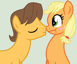 Size: 625x521 | Tagged: safe, artist:jadeharmony, artist:jadethepegasus, imported from derpibooru, applejack, caramel, earth pony, pony, carajack, duo, female, gray background, male, mare, shipping, simple background, stallion, straight