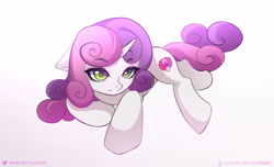 Size: 2427x1475 | Tagged: safe, artist:shavurrr, artist:tatar.sauce, imported from derpibooru, sweetie belle, pony, unicorn, cute, cutie mark, deviantart link, eyebrows, eyebrows visible through hair, female, filly, floppy ears, gradient background, simple background, solo, the cmc's cutie marks, twitter link