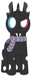 Size: 625x1420 | Tagged: safe, artist:theunidentifiedchangeling, imported from derpibooru, oc, oc only, oc:[unidentified], changeling, derpibooru community collaboration, 2021 community collab, changeling oc, closed mouth, clothes, discussion in the comments, double colored changeling, dreamworks face, eyes open, fangs, heterochromia, looking at you, male, open eyes, ponysona, scarf, simple background, smiling, solo, story in the comments, transparent background