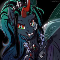 Size: 1500x1500 | Tagged: safe, artist:nancy-05, imported from derpibooru, king sombra, nightmare moon, queen chrysalis, oc, oc:empress sacer malum, alicorn, changeling, hybrid, pony, unicorn, vampire, alicorn amulet, alicorn oc, blood, commissioner:bigonionbean, crooked horn, curved horn, ethereal mane, fangs, female, fusion, fusion:empress sacer malum, fusion:king sombra, fusion:nightmare moon, fusion:queen chrysalis, horn, jewelry, looking at you, mare, monocle, multicolored eyes, not an alicorn, parent:king sombra, parent:nightmare moon, parent:princess luna, parent:queen chrysalis, queen umbra, regalia, rule 63, smiling, wings, writer:bigonionbean