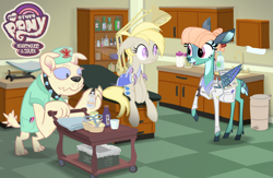 Size: 1280x834 | Tagged: safe, artist:keafonthelookinglass, imported from derpibooru, oc, oc:pom pom, oc:schandenfreude, bat pony, deer, deer pony, diamond dog, hybrid, original species, peryton, bandage, doctor, injured wing, neighflheim, nurse, sling, wings, your other pony