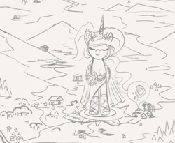 Size: 1200x982 | Tagged: safe, artist:raps, imported from derpibooru, princess celestia, pony, clothes, giant alicorn, giant pony, giantlestia, goddess, goddess tia, macro, sketch, solo