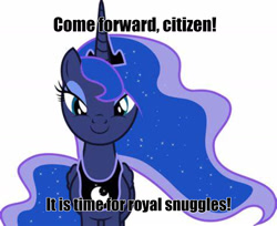 Size: 1266x1034 | Tagged: safe, imported from derpibooru, princess luna, alicorn, pony, bronybait, c:, caption, female, image macro, imminent snuggles, implied snuggling, looking at you, mare, meme, simple background, smiling, smiling at you, snuggling, solo, text, white background