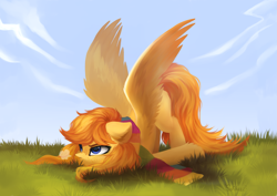 Size: 4093x2894 | Tagged: safe, artist:sofiko-ko, imported from derpibooru, oc, oc only, oc:amber dart, pegasus, pony, clothes, disgruntled, face down ass up, female, freckles, grass, high res, purple eyes, scarf, snorting, solo, spread wings, wings