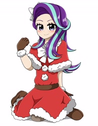 Size: 3190x4096 | Tagged: safe, artist:kittyrosie, imported from derpibooru, starlight glimmer, equestria girls, blushing, christmas, clothes, costume, cute, female, glimmerbetes, gloves, holiday, human coloration, santa costume, simple background, solo, white background