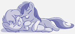 Size: 2208x996 | Tagged: safe, artist:heretichesh, imported from derpibooru, crackle pop, liza doolots, petunia, tootsie flute, earth pony, pony, unicorn, colt, cuddling, eyes closed, female, filly, happy, hug, lying down, male, monochrome, on back, shipping, smiling, straight, tootsiepop