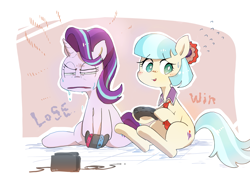 Size: 2589x1951 | Tagged: safe, artist:fuyugi, artist:nendo, imported from derpibooru, coco pommel, starlight glimmer, earth pony, pony, unicorn, blushing, cocobetes, cute, duo, faic, gamer coco, nintendo switch, playing, squint, starlight glimmer is best facemaker, sweat, white pupils