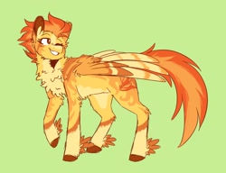 Size: 1952x1502 | Tagged: safe, artist:_pretzelprince_, artist:dazzledoves, imported from derpibooru, spitfire, pegasus, pony, chest fluff, coat markings, colored hooves, colored wings, feathered fetlocks, female, green background, leg fluff, looking back, mare, one eye closed, pale belly, raised hoof, simple background, socks (coat marking), socks (coat markings), solo, standing, wings