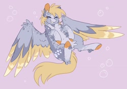 Size: 1928x1350 | Tagged: safe, artist:_pretzelprince_, artist:dazzledoves, imported from derpibooru, derpy hooves, pegasus, pony, alternate design, chest fluff, coat markings, colored hooves, colored wings, colored wingtips, eyes closed, female, fluffy, happy, large wings, leg fluff, mare, pale belly, smiling, socks (coat marking), socks (coat markings), solo, spread wings, underhoof, wings