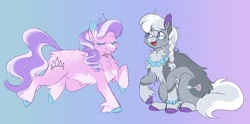 Size: 2523x1248 | Tagged: safe, artist:_pretzelprince_, artist:dazzledoves, imported from derpibooru, diamond tiara, silver spoon, earth pony, pony, alternate design, blaze (coat marking), chest fluff, coat markings, colored hooves, duo, ear fluff, eyes closed, facial markings, female, filly, fluffy, gradient background, open mouth, pale belly, sitting, snip (coat marking), socks (coat marking), socks (coat markings)