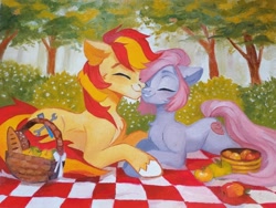 Size: 1080x812 | Tagged: safe, artist:sofiko-ko, imported from derpibooru, oc, oc only, earth pony, pony, apple, basket, blanket, bread, chest fluff, commission, eyes closed, female, food, forest, male, mare, nuzzling, oil painting, picnic, picnic basket, picnic blanket, shipping, smiling, stallion, straight, traditional art