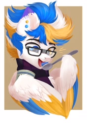 Size: 1527x2160 | Tagged: safe, artist:sofiko-ko, imported from derpibooru, oc, oc only, oc:alan techard, pegasus, pony, colored wings, commission, ear piercing, earring, eating, glasses, heterochromia, jewelry, multicolored wings, open mouth, piercing, solo, wings