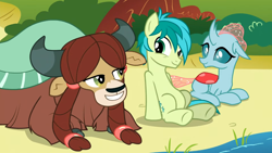 Size: 1366x768 | Tagged: safe, imported from derpibooru, screencap, ocellus, sandbar, yona, changedling, changeling, earth pony, pony, yak, school daze, bedroom eyes, cute, female, male, sandabetes