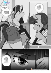 Size: 1200x1697 | Tagged: safe, artist:pia-sama, imported from derpibooru, octavia melody, rainbow dash, anthro, earth pony, pegasus, comic:rogue diamond, bow (instrument), cello, cello bow, comic, death threat, female, fishnets, gun, imminent violence, mare, monochrome, musical instrument, threat, weapon