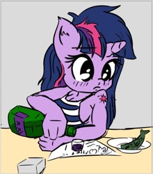 Size: 524x596 | Tagged: safe, artist:snus-kun, imported from derpibooru, twilight sparkle, anthro, fish, unicorn, alcohol, alternative cutie mark placement, blushing, bottle, breasts, busty twilight sparkle, clothes, cute, digital art, eyelashes, female, food, horn, solo, solo female, unicorn twilight, wine