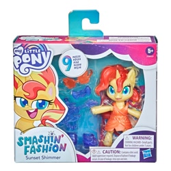 Size: 900x900 | Tagged: safe, imported from derpibooru, sunset shimmer, semi-anthro, unicorn, my little pony: pony life, boots, bow, clothes, doll, dress, female, figure, g4.5, it happened, merchandise, my little pony logo, official, pony history, shoes, smashin' fashion, smiling, solo, sunglasses, toy, toy packaging