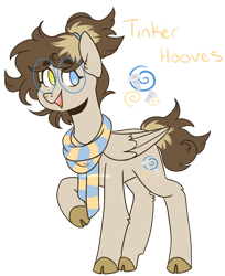 Size: 1280x1567 | Tagged: safe, artist:hehepeachyy, imported from derpibooru, oc, oc only, oc:tinker hooves, pegasus, pony, clothes, cloven hooves, female, glasses, heterochromia, mare, offspring, parent:derpy hooves, parent:doctor whooves, parents:doctorderpy, scarf, simple background, solo, transparent background