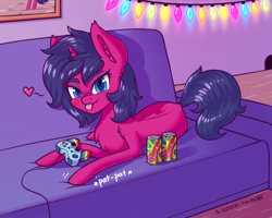 Size: 1600x1280 | Tagged: safe, artist:dsp2003, imported from derpibooru, oc, oc only, oc:fizzy pop, pony, unicorn, :p, bedroom eyes, blushing, christmas, christmas lights, controller, couch, female, gift art, heart, holiday, looking at you, mare, mouse hole, painting, slurm, tongue out