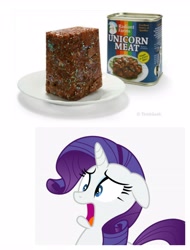 Size: 3106x4096 | Tagged: safe, imported from derpibooru, rarity, pony, unicorn, canned food, oh no, scared, simple background, solo, unicorn meat, wat, white background