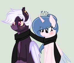 Size: 943x804 | Tagged: safe, artist:lominicinfinity, imported from derpibooru, oc, oc only, oc:midnight star, oc:sparkdust knight, alicorn, bat pony, pony, clothes, female, male, mare, scarf, shared clothing, shared scarf, simple background, stallion