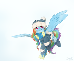 Size: 2976x2480 | Tagged: safe, artist:flysouldragon, artist:sinrinf, imported from derpibooru, rainbow dash, pegasus, pony, clothes, flying, hat, scarf, smiling, snow, socks, solo
