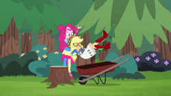 Size: 1920x1080 | Tagged: safe, imported from derpibooru, screencap, applejack, pinkie pie, accountibilibuddies, equestria girls, equestria girls series, spoiler:eqg series (season 2), tree stump, wheelbarrow