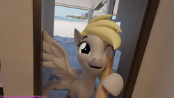 Size: 7680x4320 | Tagged: safe, artist:extremespeed slowpoke, imported from derpibooru, derpy hooves, pegasus, pony, 3d, beach, blender, cute, derpabetes, offscreen character, petting, pov, revamped ponies