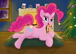 Size: 3508x2480 | Tagged: safe, artist:eels, imported from derpibooru, pinkie pie, oc, oc:anon, earth pony, pony, candy, candy cane, christmas, christmas tree, female, fire, fireplace, food, holiday, implied anon, licking, lidded eyes, looking at you, mare, photo frame, seductive, seductive look, seductive pose, snow globe, solo, suggestive eating, tongue out, tree