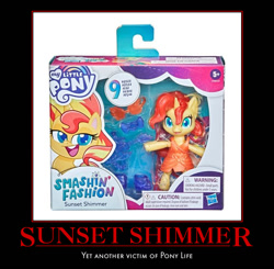 Size: 659x647 | Tagged: safe, imported from derpibooru, sunset shimmer, my little pony: pony life, drama, figurine, g4.5, motivational poster, op is a duck, op is a slowpoke, op is trying to start shit, op is trying to start shit so badly that it's kinda funny, op stop please, pony life drama, toy