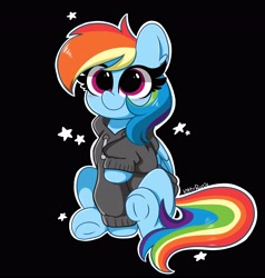 Size: 3898x4096 | Tagged: safe, artist:kittyrosie, imported from derpibooru, rainbow dash, pegasus, pony, black background, blushing, clothes, cute, dashabetes, ear fluff, frog (hoof), hoodie, simple background, solo, underhoof