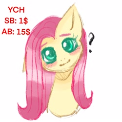 Size: 1600x1599 | Tagged: safe, artist:vaiola, imported from derpibooru, fluttershy, pegasus, pony, auction, auction open, big eyes, blushing, bust, commission, cute, female, head tilt, long hair, looking at you, mare, one ear down, portrait, simple background, smiling, solo, white background, ych sketch, your character here