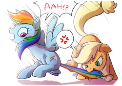 Size: 1457x1032 | Tagged: safe, artist:mochi_nation, imported from derpibooru, applejack, rainbow dash, earth pony, pegasus, pony, angry, biting, cowboy hat, cross-popping veins, freckles, hat, mouth hold, running, speech bubble, tail, tail bite, tail pull