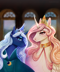 Size: 1828x2182 | Tagged: safe, artist:pumpkabooo, imported from derpibooru, princess celestia, princess luna, alicorn, pony, bust, clothes, duo, female, pink-mane celestia, portrait, royal sisters, siblings, sisters