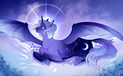 Size: 2500x1538 | Tagged: safe, artist:pumpkabooo, imported from derpibooru, princess luna, alicorn, pony, alternate design, bat wings, female, flower, lying down, mare, night, prone, solo, wings