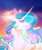 Size: 1692x2000 | Tagged: safe, artist:pumpkabooo, imported from derpibooru, princess celestia, alicorn, pony, bust, curved horn, ear piercing, female, get, horn, index get, lidded eyes, looking back, mare, piercing, portrait, shoulder fluff, sky, smiling, solo, stars, story included, sun, wing fluff, x00000 milestone