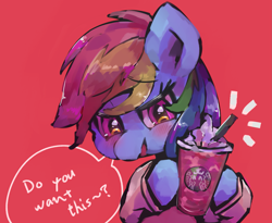 Size: 2505x2052 | Tagged: safe, artist:lexiedraw, imported from derpibooru, rainbow dash, pegasus, pony, coffee cup, cup, dialogue, simple background, solo, speech bubble, starbucks, straw, talking to viewer