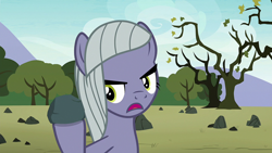 Size: 1920x1080 | Tagged: safe, imported from derpibooru, screencap, limestone pie, earth pony, pony, the maud couple, female, frown, hoof hold, mare, open mouth, rock, rock farm, solo, tree
