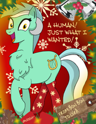 Size: 2394x3096 | Tagged: safe, artist:qnight, artist:qnighter, imported from derpibooru, lyra heartstrings, pony, unicorn, chest fluff, christmas, christmas decoration, christmas lights, clothes, cute, holiday, humie, impossibly large chest fluff, irrational exuberance, looking at you, lyrabetes, open mouth, smiling, snow, snowflake, socks, solo, sweet dreams fuel, that pony sure does love humans