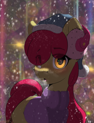 Size: 2606x3418 | Tagged: safe, artist:skitsniga, artist:skitsroom, imported from derpibooru, apple bloom, earth pony, pony, beanie, clothes, earmuffs, eye clipping through hair, eyebrows, eyebrows visible through hair, female, hat, looking at you, snow, solo, sweater, winter, winter outfit