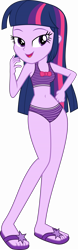 Size: 5092x16407 | Tagged: safe, alternate version, artist:alandssparkle, artist:firesidearmy46231, edit, imported from derpibooru, vector edit, twilight sparkle, human, equestria girls, absurd resolution, bedroom eyes, belly button, bikini, clothes, feet, female, flip-flops, looking at you, sandals, simple background, solo, swimsuit, transparent background, twilight sparkle (alicorn), vector