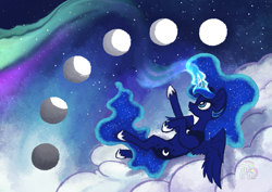 Size: 1323x935 | Tagged: safe, artist:calena, imported from derpibooru, princess luna, alicorn, pony, aurora borealis, cloud, cute, lunabetes, magic, moon, palindrome get, solo, space, spread wings, stars, wings