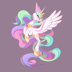 Size: 2048x2048 | Tagged: safe, artist:drtuo4, imported from derpibooru, princess celestia, alicorn, pony, crown, female, flying, high res, hoof shoes, jewelry, looking up, mare, purple background, regalia, simple background, solo, spread wings, wings