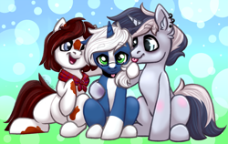 Size: 4561x2889 | Tagged: safe, artist:madcloudlet, imported from derpibooru, oc, oc only, oc:bronyast, oc:passi, oc:passi deeper, earth pony, pony, unicorn, choker, coat markings, glasses, piercing, sitting, socks (coat markings), spots, trio, trio male