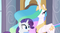 Size: 1280x720 | Tagged: safe, imported from derpibooru, screencap, princess celestia, rarity, alicorn, pony, unicorn, season 2, sweet and elite, shocked, smug, smuglestia