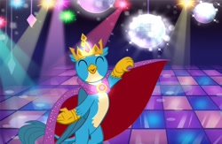 Size: 1280x836 | Tagged: safe, artist:disneymarvel96, imported from derpibooru, gallus, griffon, brooch, cape, clothes, crown, dancing, disco, glow, glowing, jewelry, king, male, regalia, solo, standing