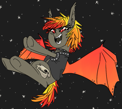 Size: 649x579 | Tagged: safe, artist:archego-art, artist:tilling-tan, imported from derpibooru, oc, bat pony, choker, clothes, drawthread, ear piercing, fangs, horse skull, jacket, piercing, punk, skull, space, space background, spiked choker, wing piercing