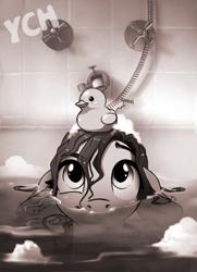 Size: 698x963 | Tagged: safe, artist:28gooddays, imported from derpibooru, oc, oc only, pony, bathtub, commission, monochrome, rubber duck, solo, ych example, ych sketch, your character here