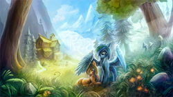 Size: 1920x1080 | Tagged: safe, artist:stdeadra, imported from derpibooru, oc, oc:chiller sway, oc:seafoam wake, earth pony, pegasus, pony, flower, grass, house, light, mountain, mushroom, scenery, tree, village