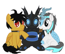 Size: 2076x1726 | Tagged: safe, artist:wheatley r.h., imported from derpibooru, oc, oc only, oc:blizzard flare, oc:rito, oc:w. rhinestone eyes, changeling, kirin, pegasus, pony, derpibooru community collaboration, 2021 community collab, automata, bat wings, blue changeling, changeling oc, chocolate bar, honeypot changeling, jewelry, kirin oc, messy tail, necklace, one hoof raised, pegasus oc, raised hoof, simple background, transparent background, vector, wings