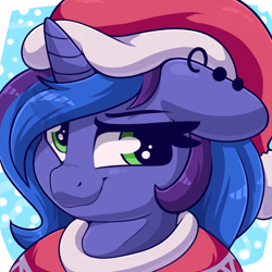 Size: 2000x2000 | Tagged: safe, artist:graphene, imported from derpibooru, oc, oc only, oc:blue monday, pony, unicorn, bust, christmas, clothes, ear piercing, eye clipping through hair, female, hat, holiday, looking at you, mare, piercing, santa hat, simple background, solo, sweater, winter, winter outfit